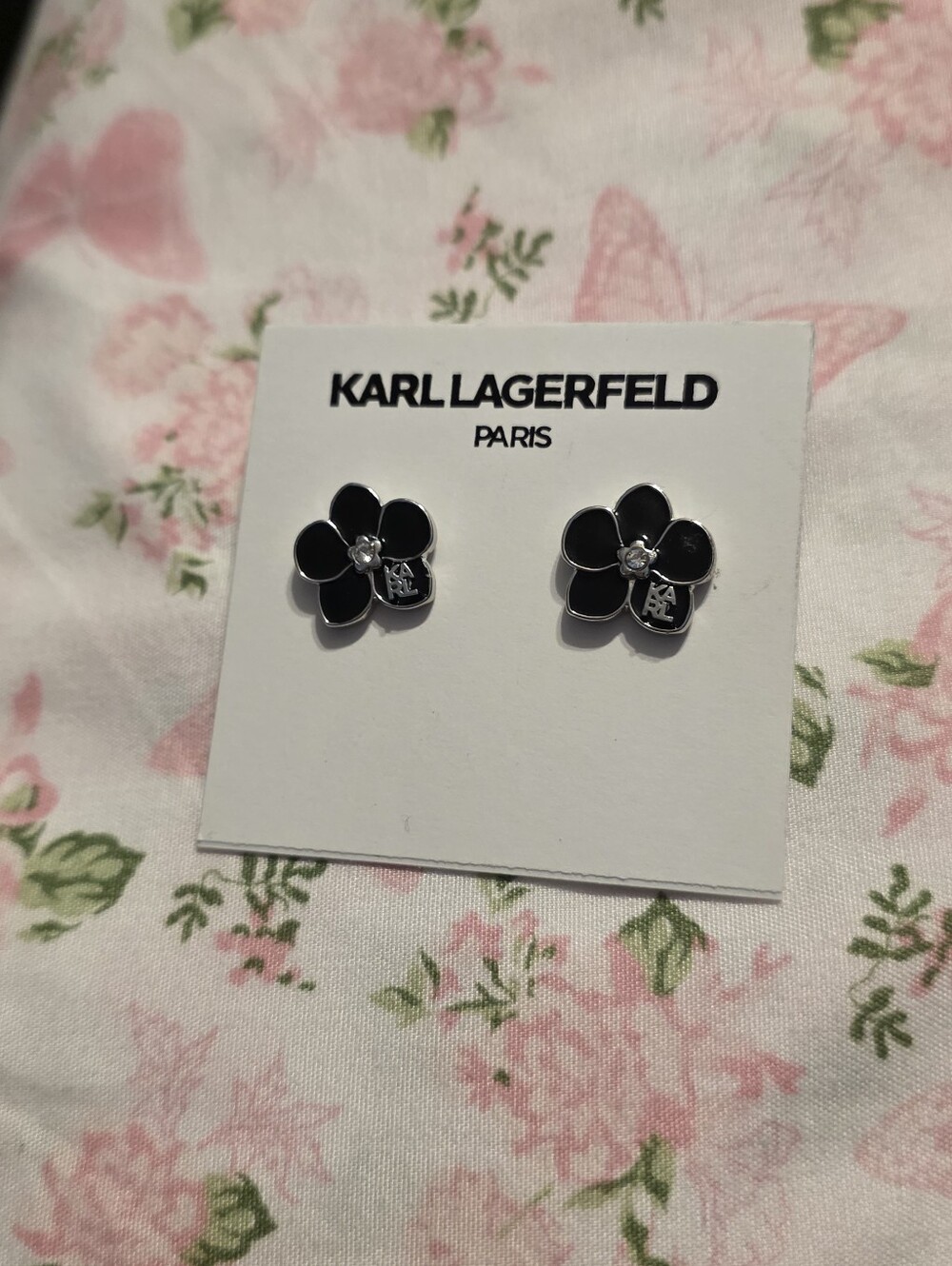 Karl Lagerfield Faux Black Flower Onyx Stud, Silver Earrings - Picture 2 of 5